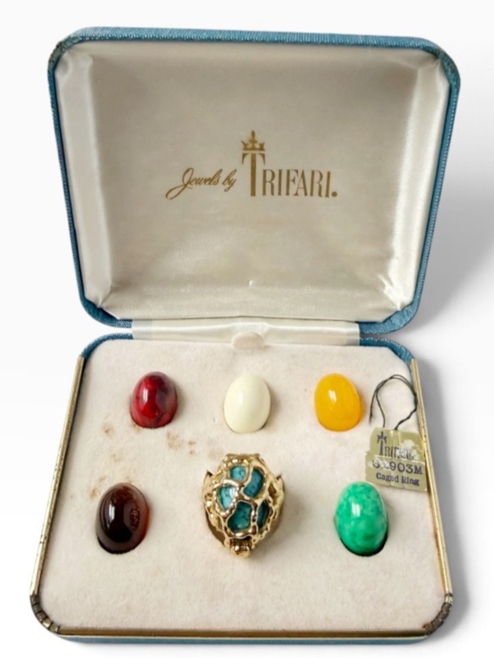 Vintage Crown Trifari Brutalist Interchangeable Cabochon Caged Ring Size 6